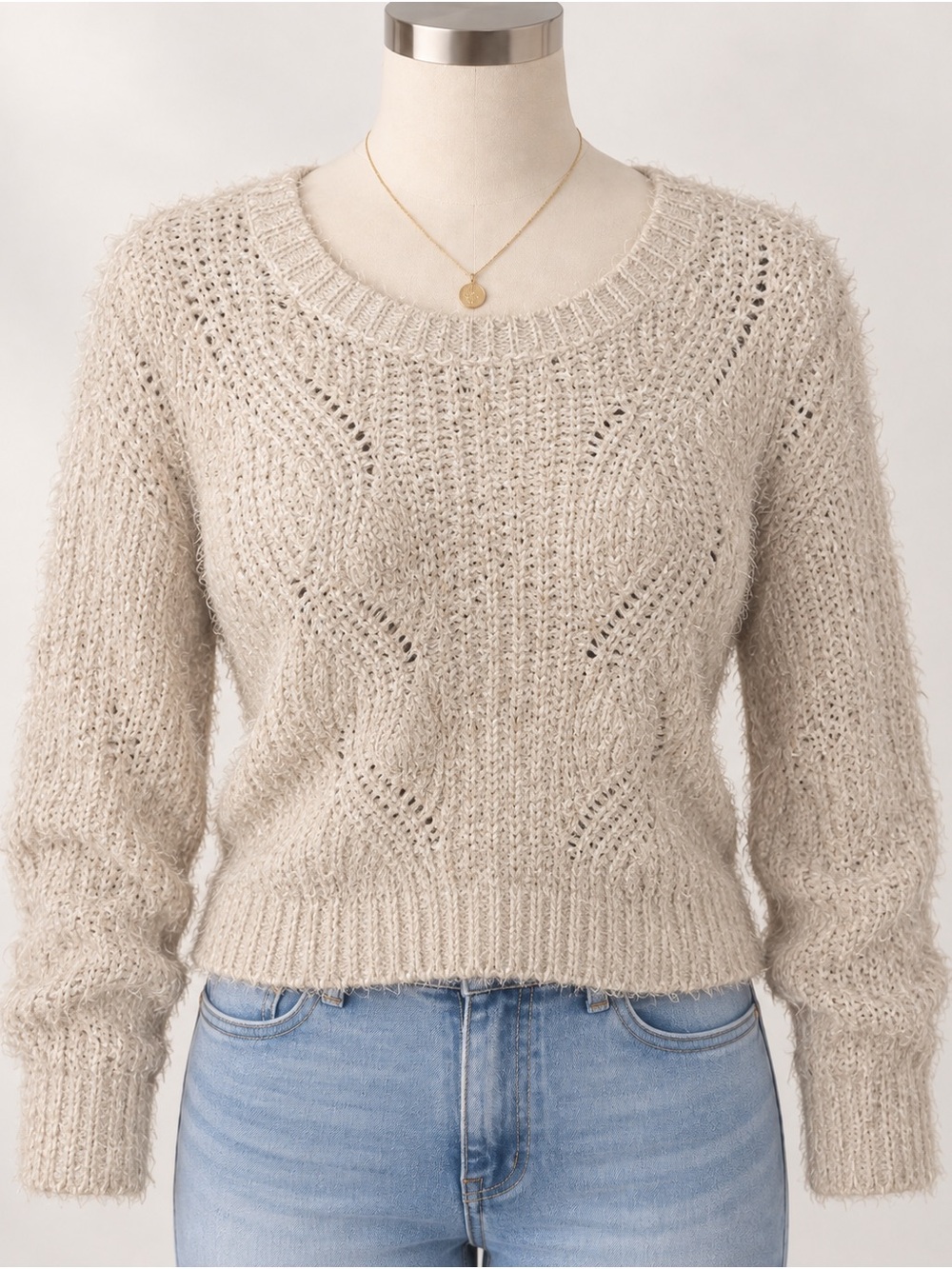Candie's Cream Cable Knit Scoop Neck Sweater